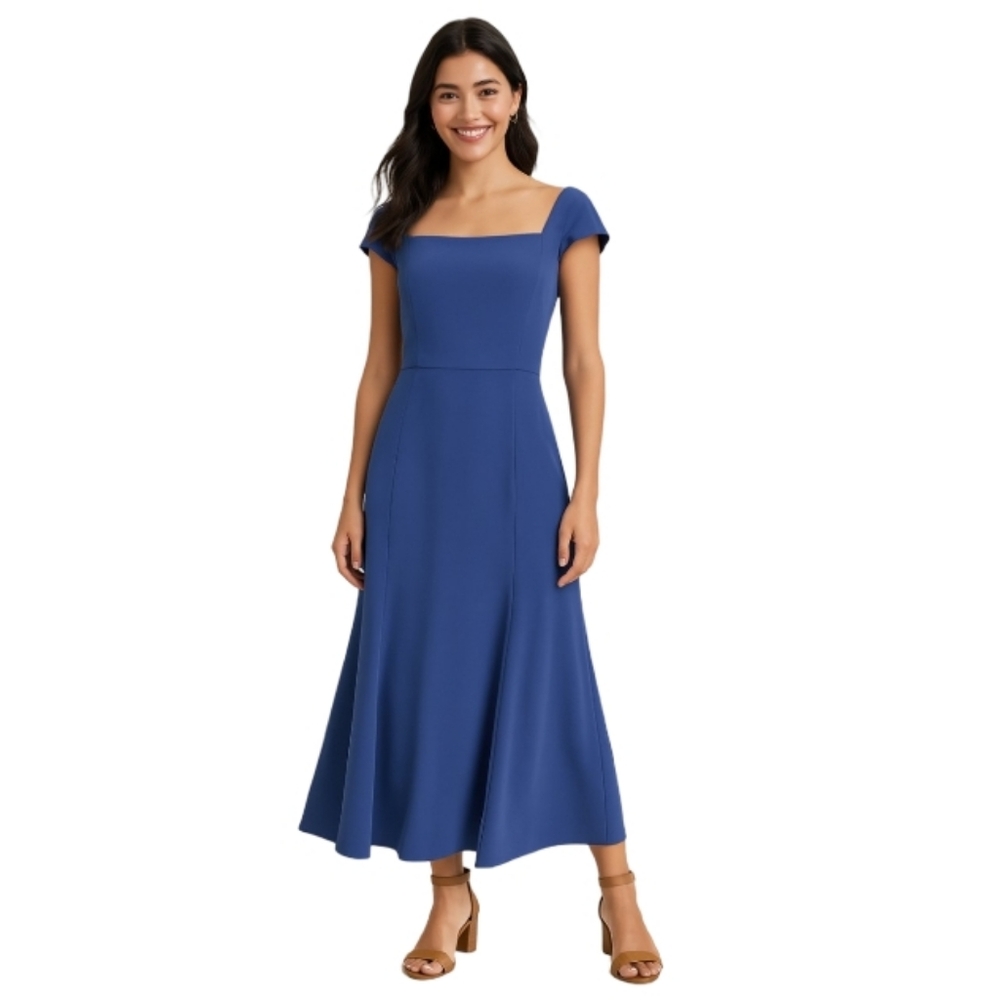 Jessica Simpson Blue Square Neck Smocked Back Cap Sleeve Midi Dress Womens M NWT